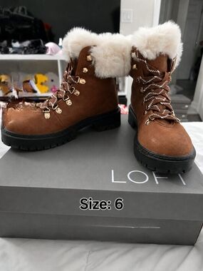LOFT Brown Suede Faux-Fur Trim Hiking Boots